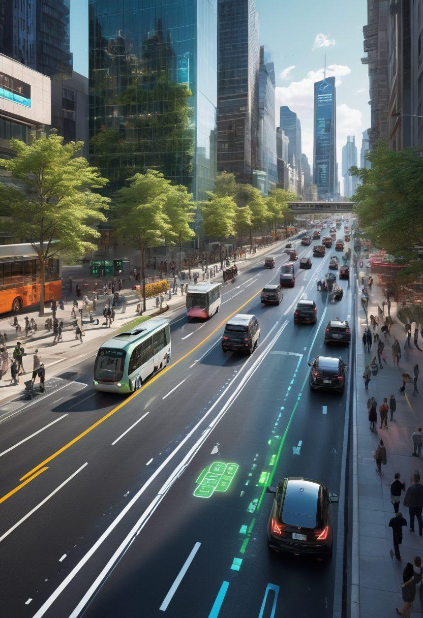 A futuristic cityscape showcasing smart traffic management, with autonomous vehicles navigating seamlessly alongside cyclists and pedestrians. Incorporate digital displays showing real-time traffic data and eco-friendly public transportation options. Include green spaces and smart traffic lights that blend with modern architecture, illustrating urban mobility solutions. The scene should be vibrant and bustling, reflecting innovation in urban design. super-realistic. vibrant colors.