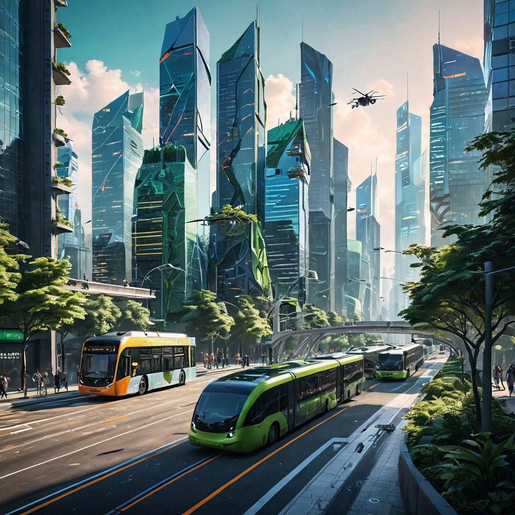 A futuristic city skyline blending nature and technology, featuring eco-friendly transportation like electric buses and bicycles, interconnected with smart infrastructure. Skyways filled with drones, people interacting with augmented reality interfaces, and lush green spaces integrated within high-rise buildings. The atmosphere is vibrant and bustling, showcasing a seamless blend of mobility and urban design. cyberpunk style. vibrant colors. 3D.