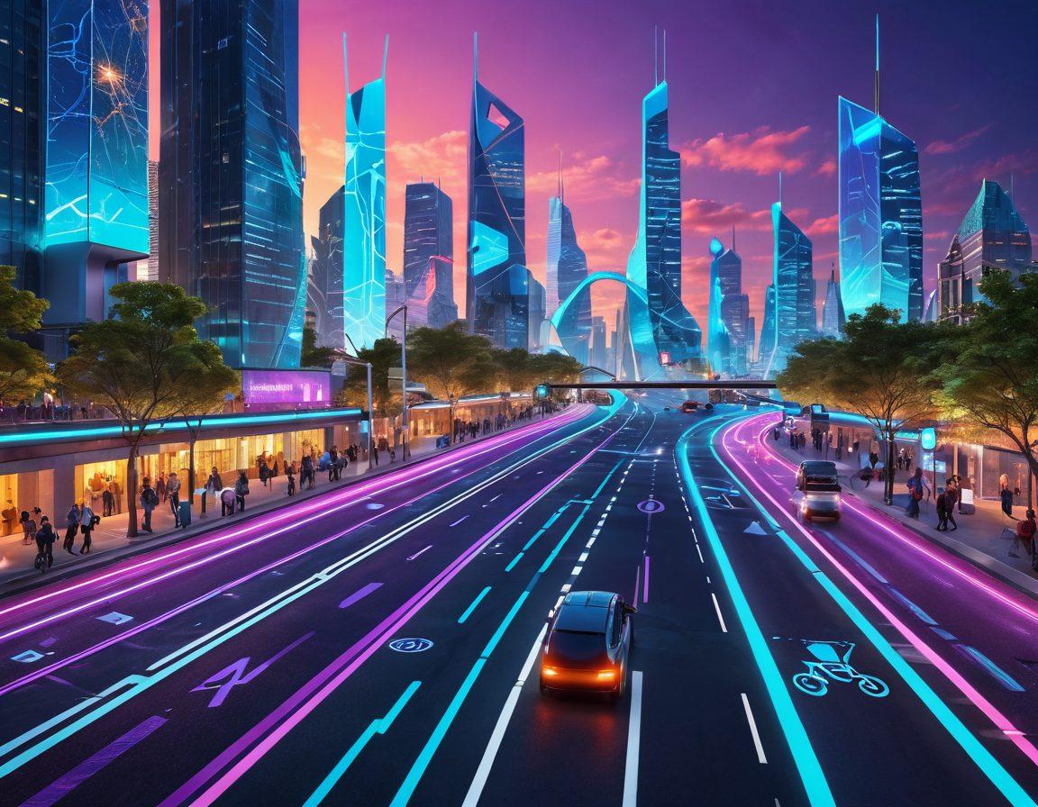 A futuristic cityscape showcasing advanced navigation technology with glowing digital maps hovering above streets. Include diverse travelers using various modes of transport like bicycles, electric scooters, and autonomous vehicles. Integrate vibrant wayfinding signages that light up in vibrant colors. The skyline features a harmonious blend of nature and modern architecture. digital art. vibrant colors. 3D elements.
